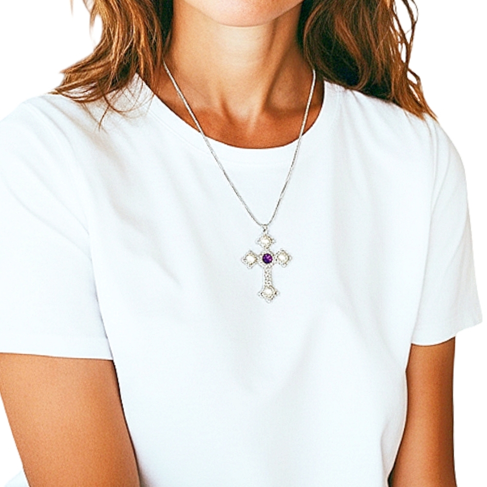 Sarah Coventry Silver Tone Cross Necklace with Faux Pearls & Purple CZ Stone